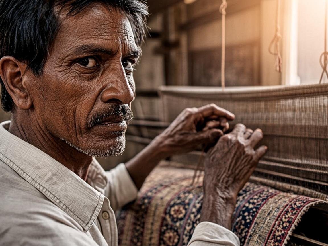 Master artisan hand-weaving a carpet